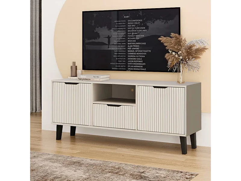 SONIA – Moderner TV-Schrank mit gerillter Front – 2 Türen, 1 Schublade – Kaschmirbeige