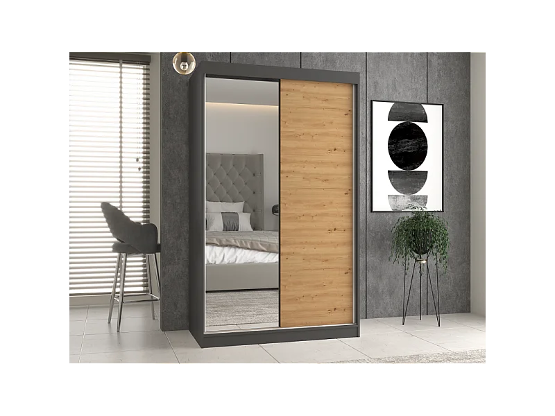 Szafa Iga 120 A/B | Antracyt/Dąb Artisan |120x61x200 cm |Szafa Przesuwna z Lustrem