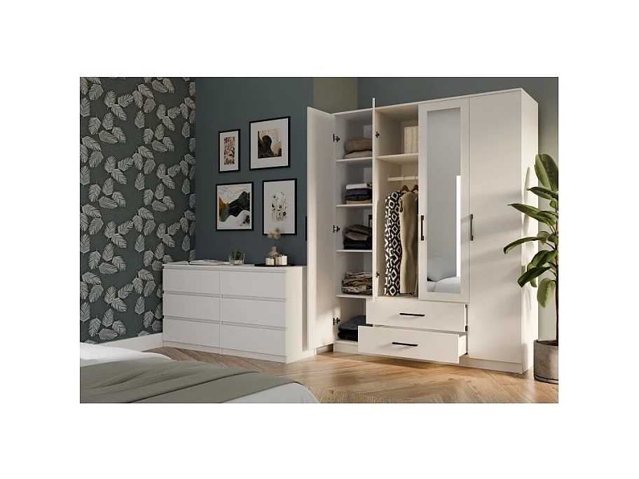 Szafa Romana 160 | Biała|  160x52x205 cm | Nowoczesna Szafa z Lustrem
