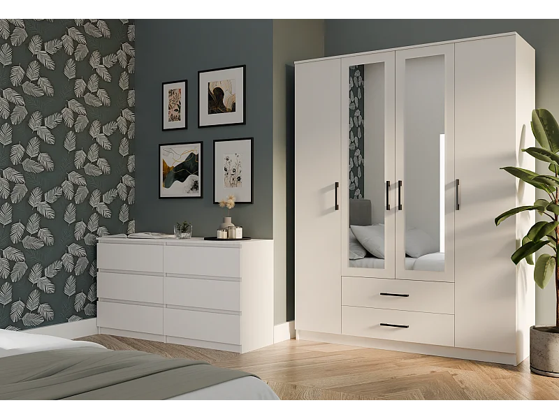 Szafa Romana 160 | Biała|  160x54x205 cm | Nowoczesna Szafa z Lustrem