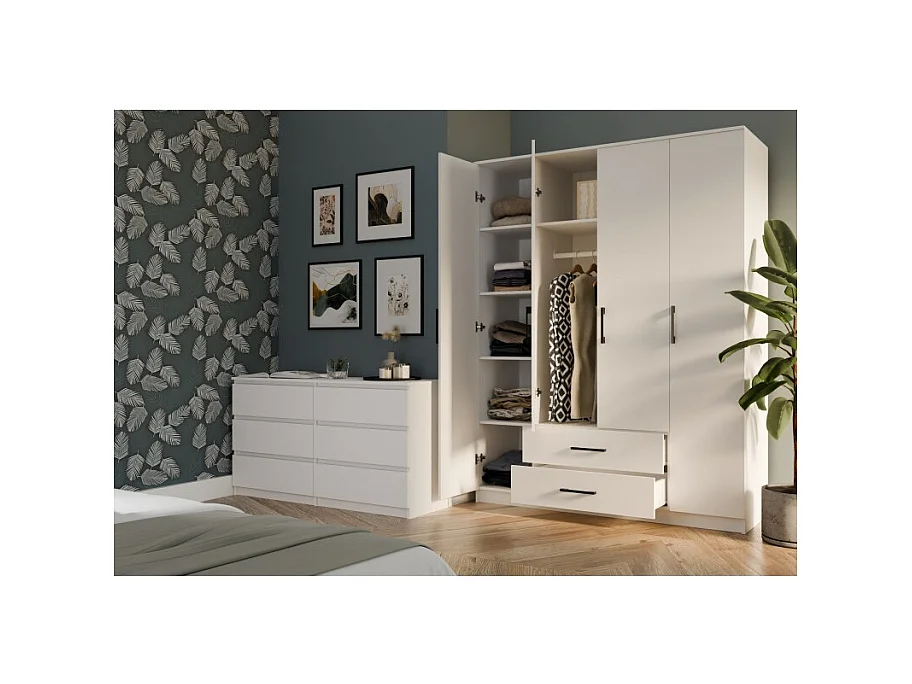 Szafa ROMANA 160 | Biała | 160x52x205 cm | Szafa z Szufladami