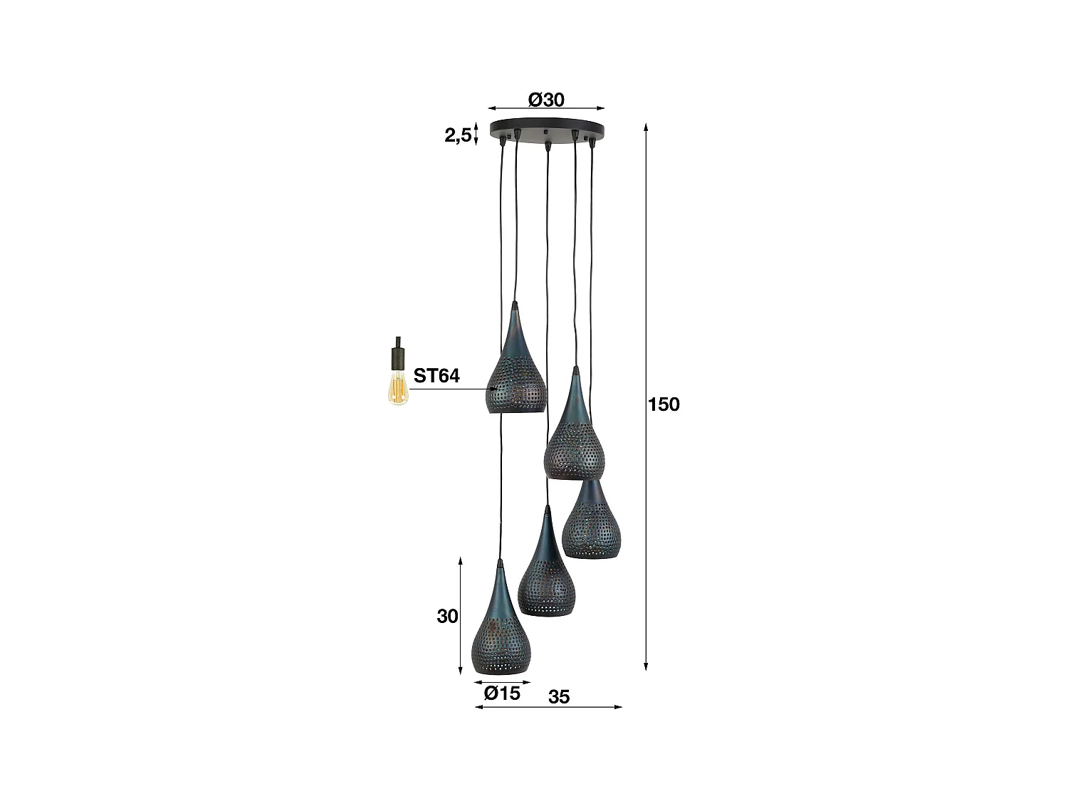 Pendelleuchte - 5xØ15 Tropfenförmige Pendelleuchten aus Metall - Verschiedene Höhen