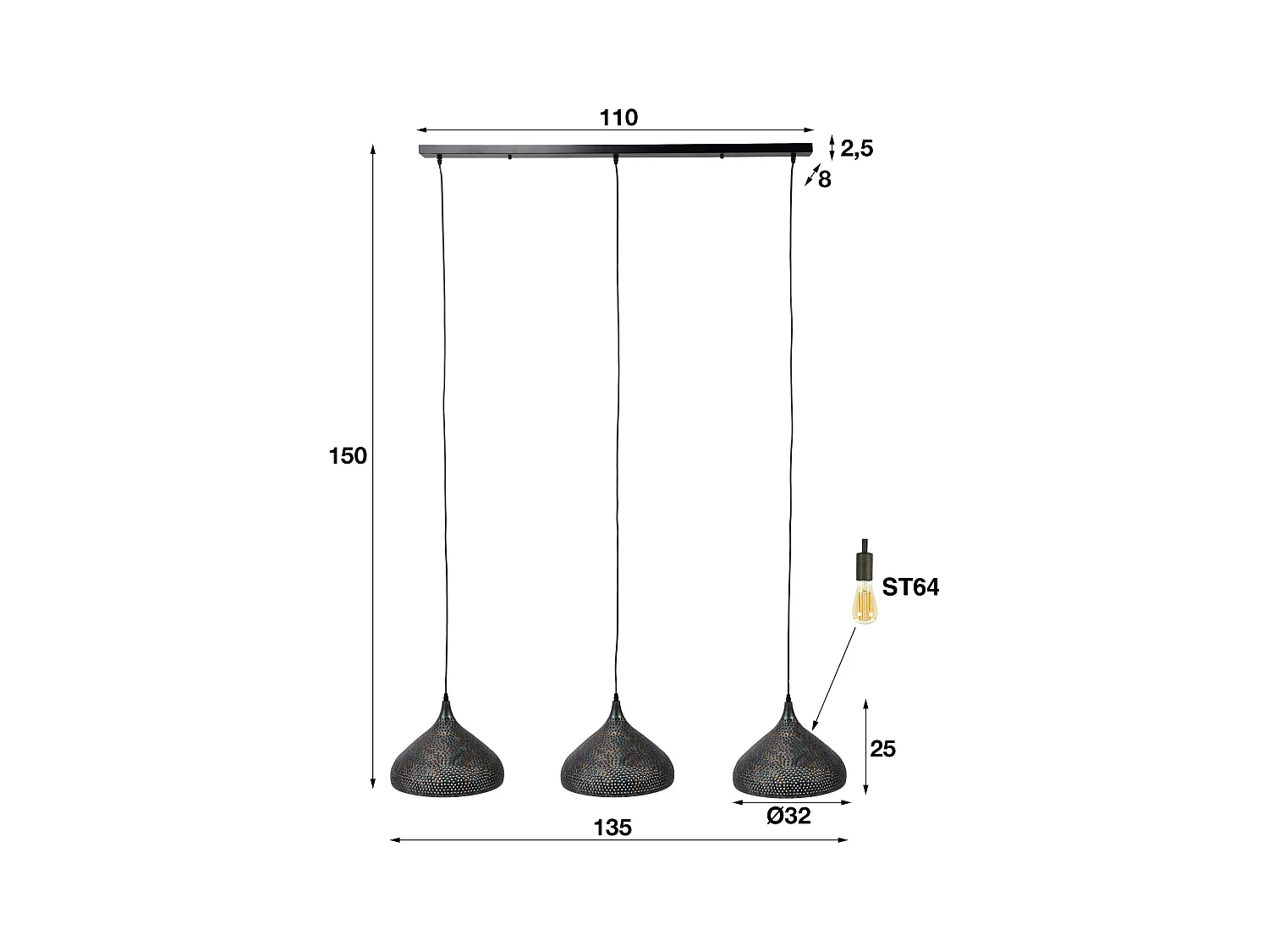 Suspension - 3xØ32 Lampes suspendues en métal en forme d'entonnoir - Transparent