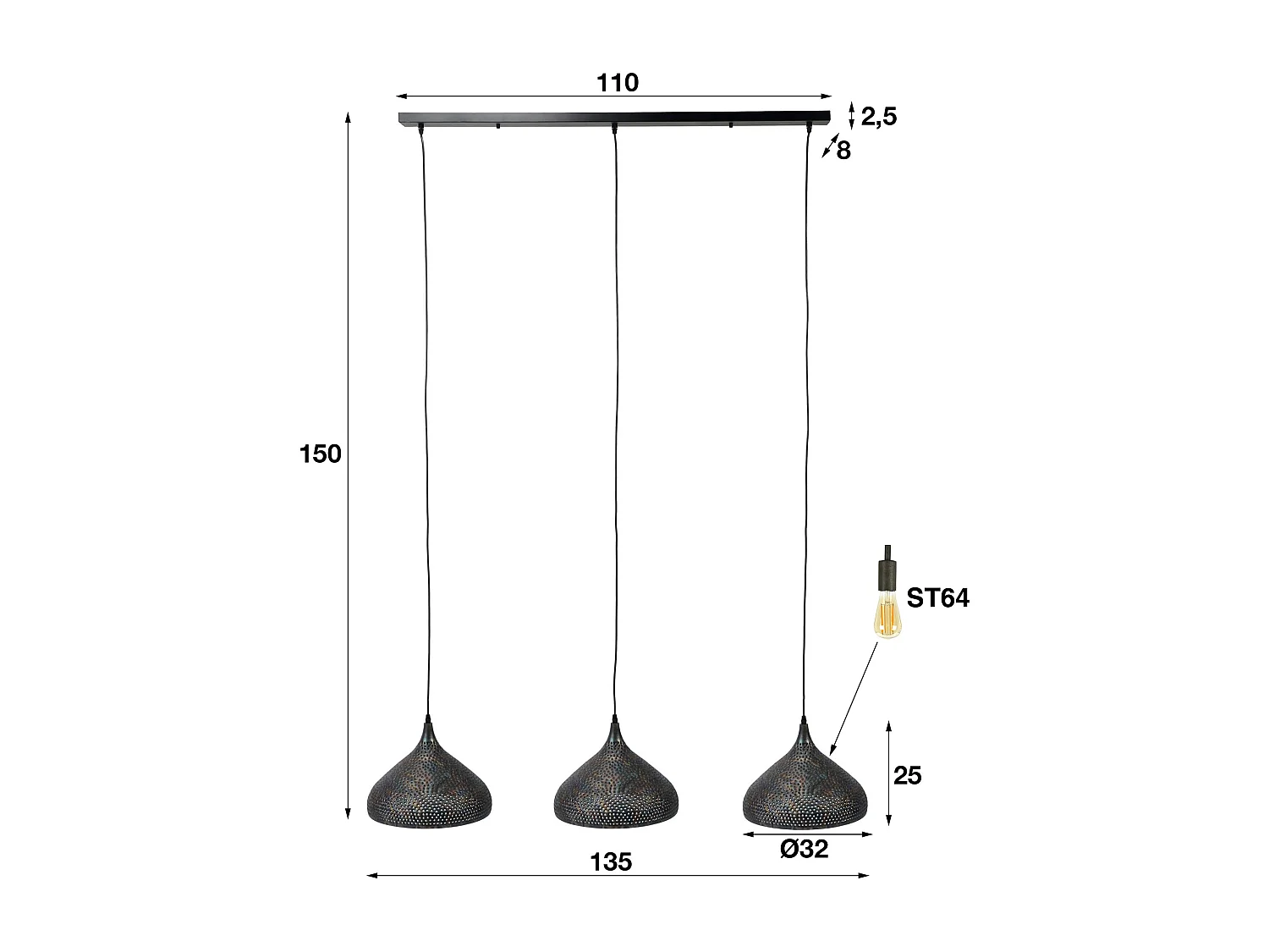 Suspension - 3xØ32 Lampes suspendues en métal en forme d'entonnoir - Transparent