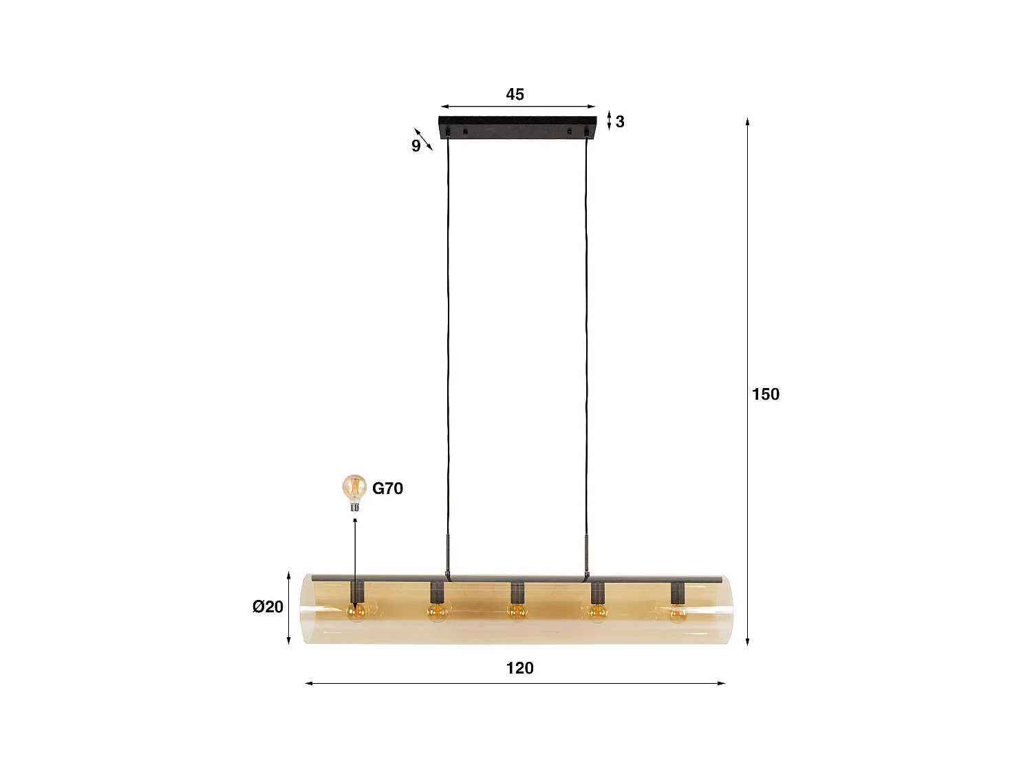 Suspension Tube 5L Verre Ambré - Noir Artic