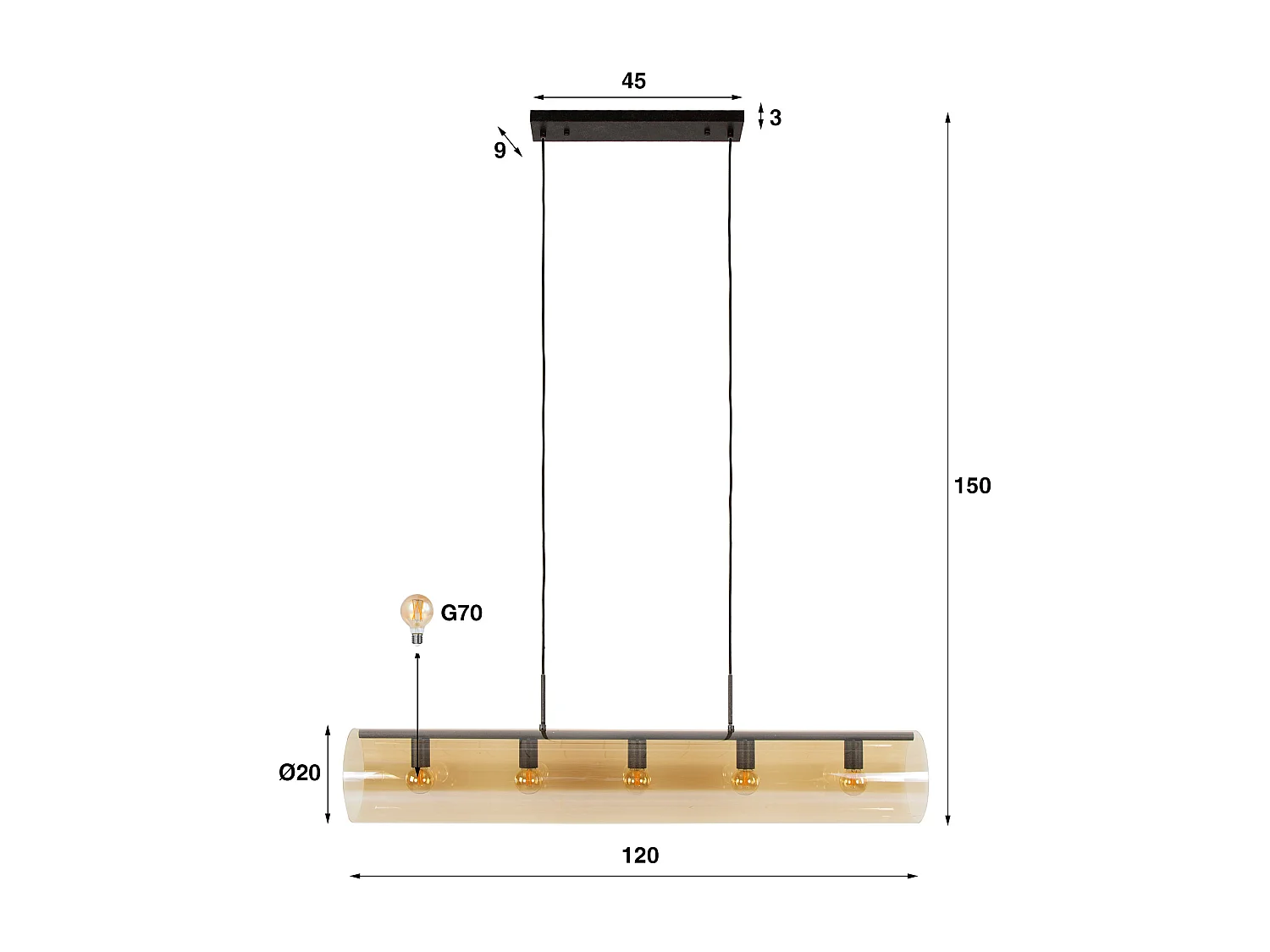 Suspension Tube 5L Verre Ambré - Noir Artic
