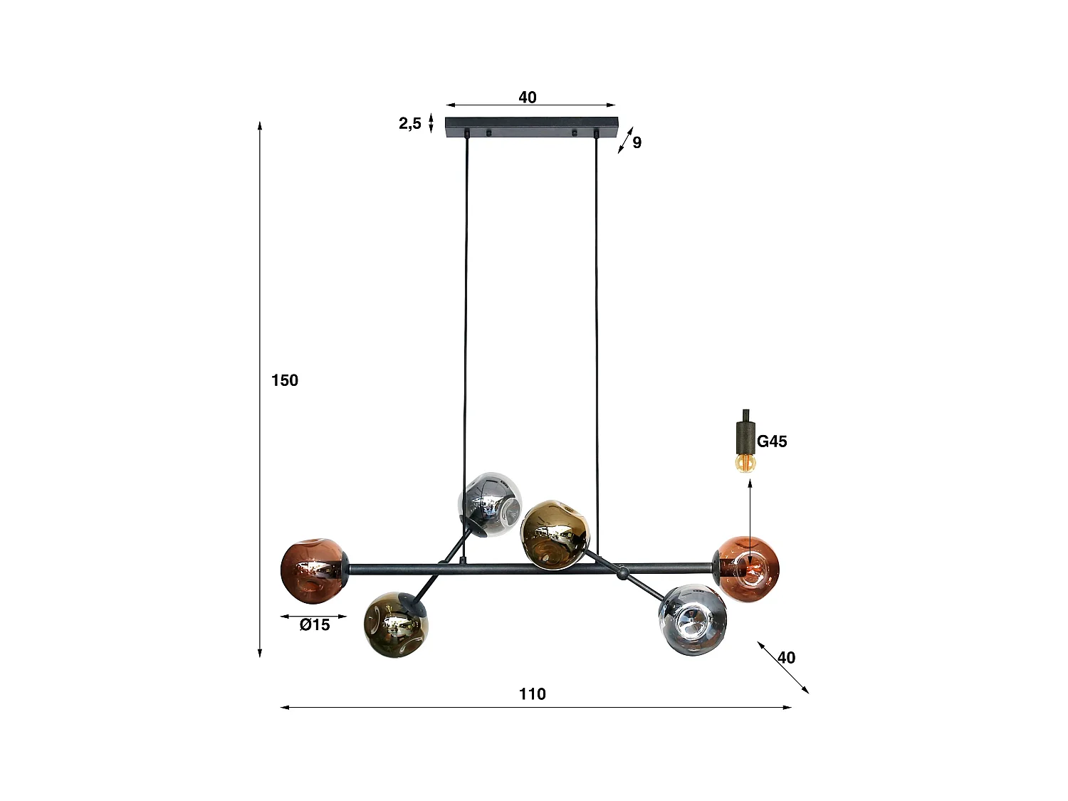 Pendelleuchte 6L Molecule Mix - Glas - Arktisschwarz