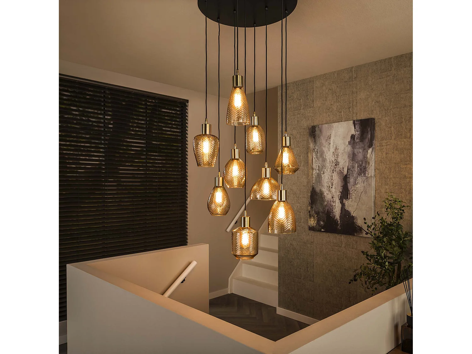 Pendelleuchte 9L Leaf Stepped - Bernsteinglas