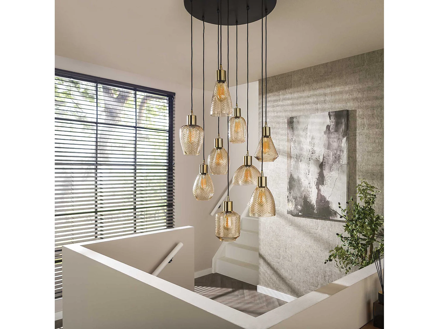 Pendelleuchte 9L Leaf Stepped - Bernsteinglas