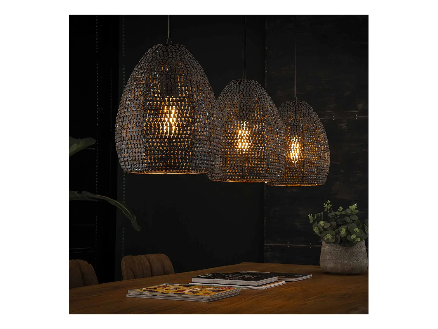 Lámpara colgante - 3 lámparas colgantes ovaladas de metal de Ø26 - Armadura - Acabado quemado