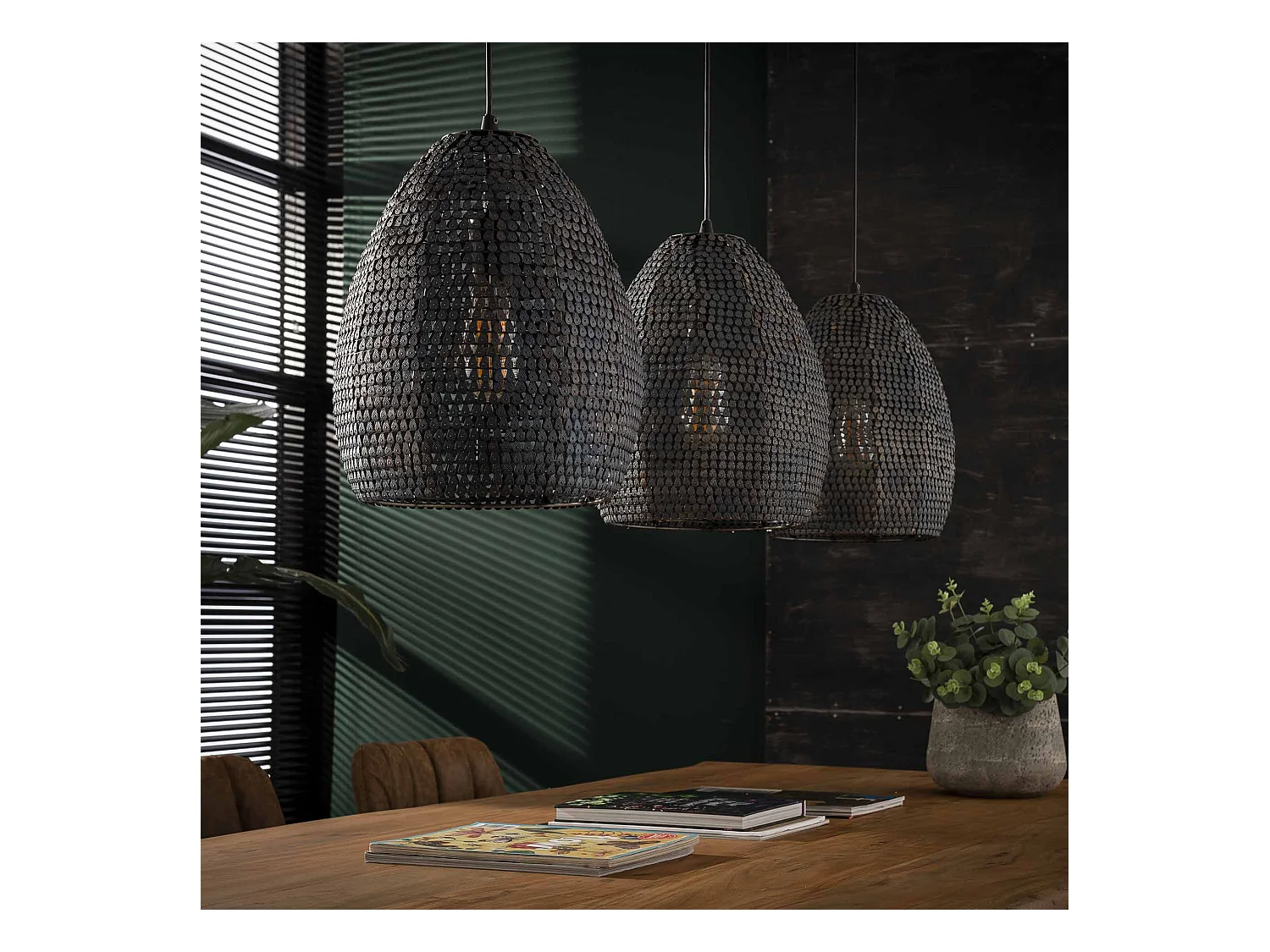 Lámpara colgante - 3 lámparas colgantes ovaladas de metal de Ø26 - Armadura - Acabado quemado