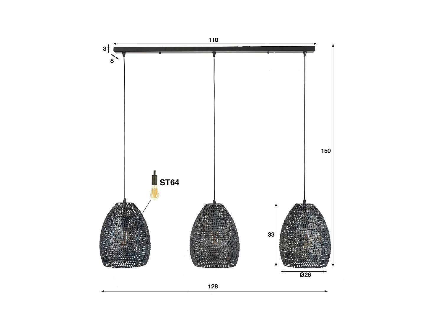 Lámpara colgante - 3 lámparas colgantes ovaladas de metal de Ø26 - Armadura - Acabado quemado
