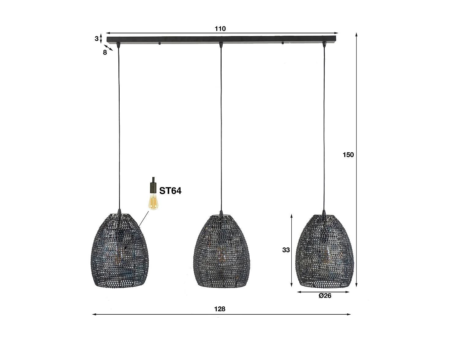 Hanglamp - 3x Ø26 Ovale Metalen Hanglampen - Armor - Burned Finish