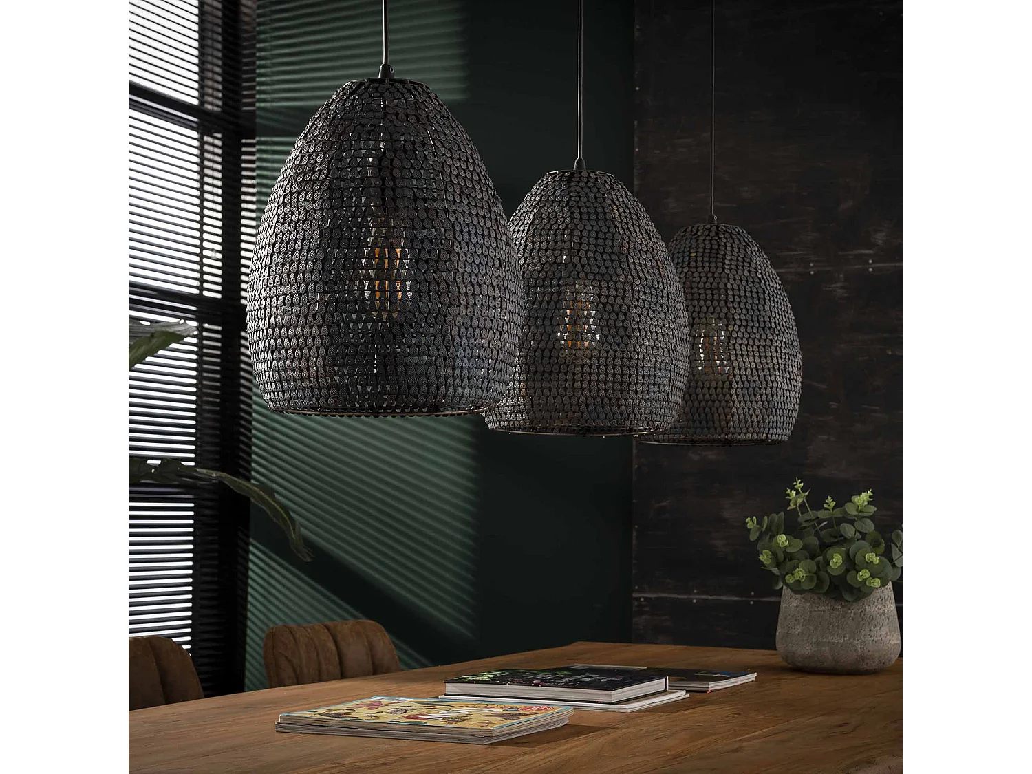 Hanglamp - 3x Ø26 Ovale Metalen Hanglampen - Armor - Burned Finish