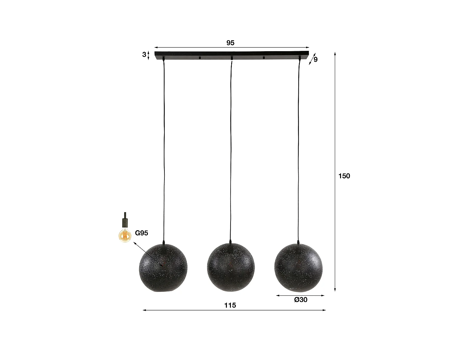 Suspension 3x Ø30 Zip - Noir Artic