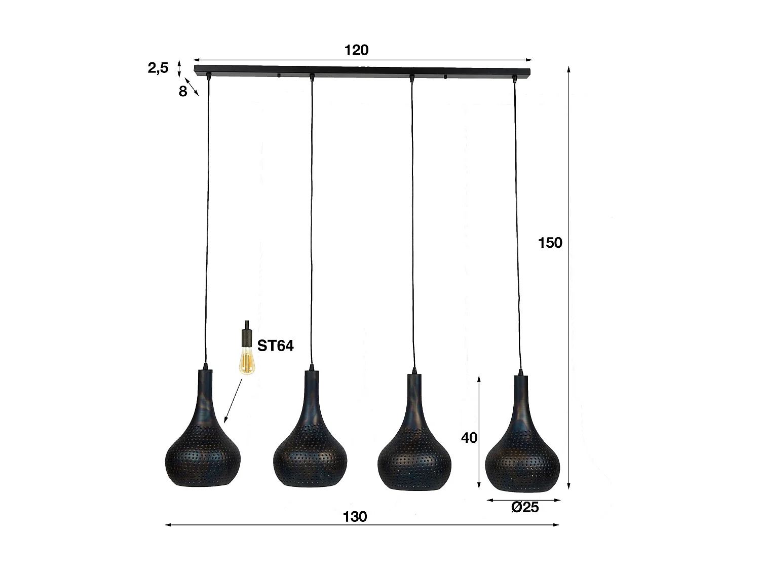 Lámpara colgante Punch Cone - 4 Lámparas - Negro Marrón - 130x25x150