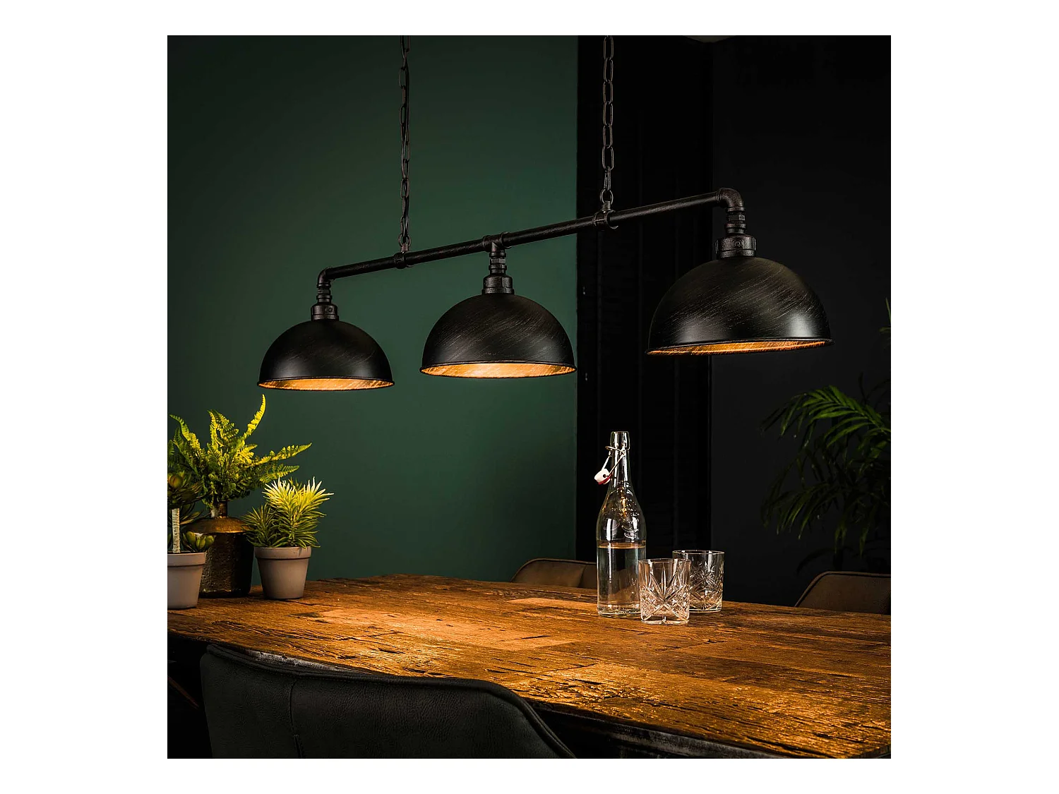 Suspension industrielle tubulaire - 3 lampes - Abat-jour semi-circulaire - Gris/Noir