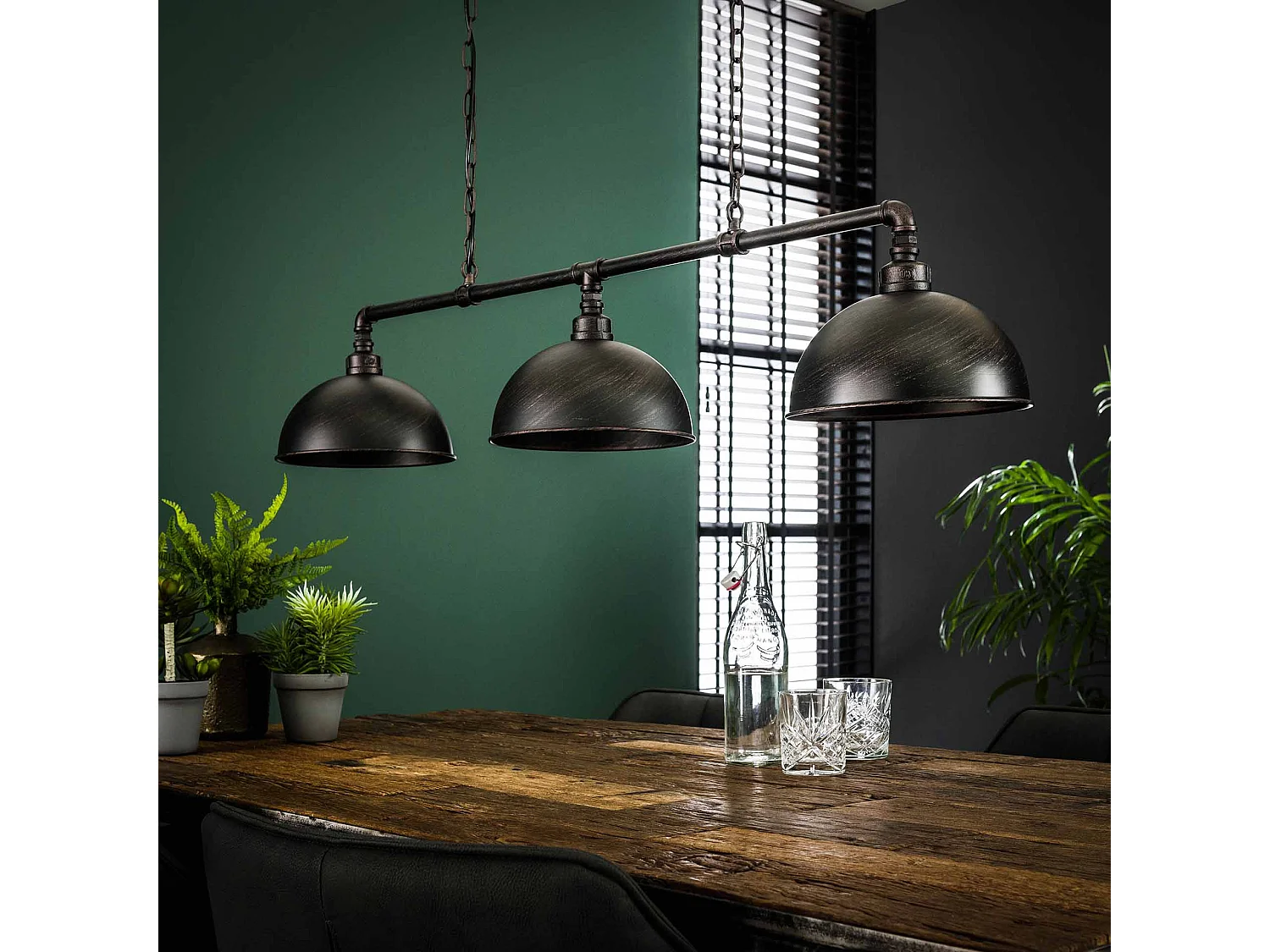 Suspension industrielle tubulaire - 3 lampes - Abat-jour semi-circulaire - Gris/Noir