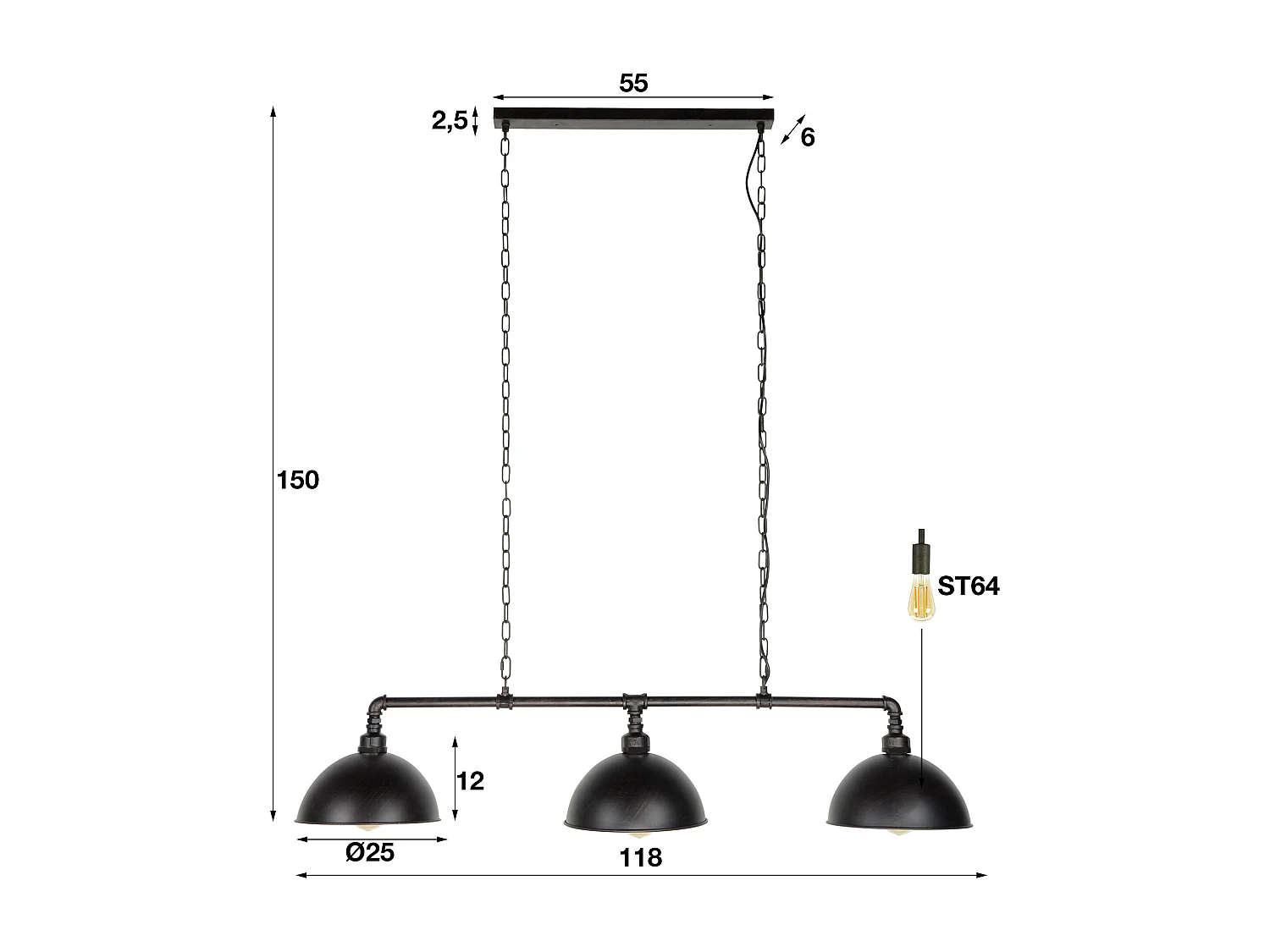 Suspension industrielle tubulaire - 3 lampes - Abat-jour semi-circulaire - Gris/Noir