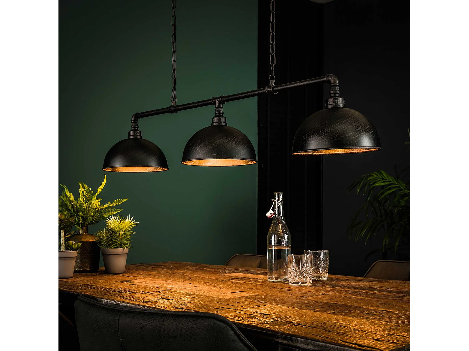 Hanglamp Industrial Tube - 3 Lampen - Halfronde Kap - Grijs/Zwart