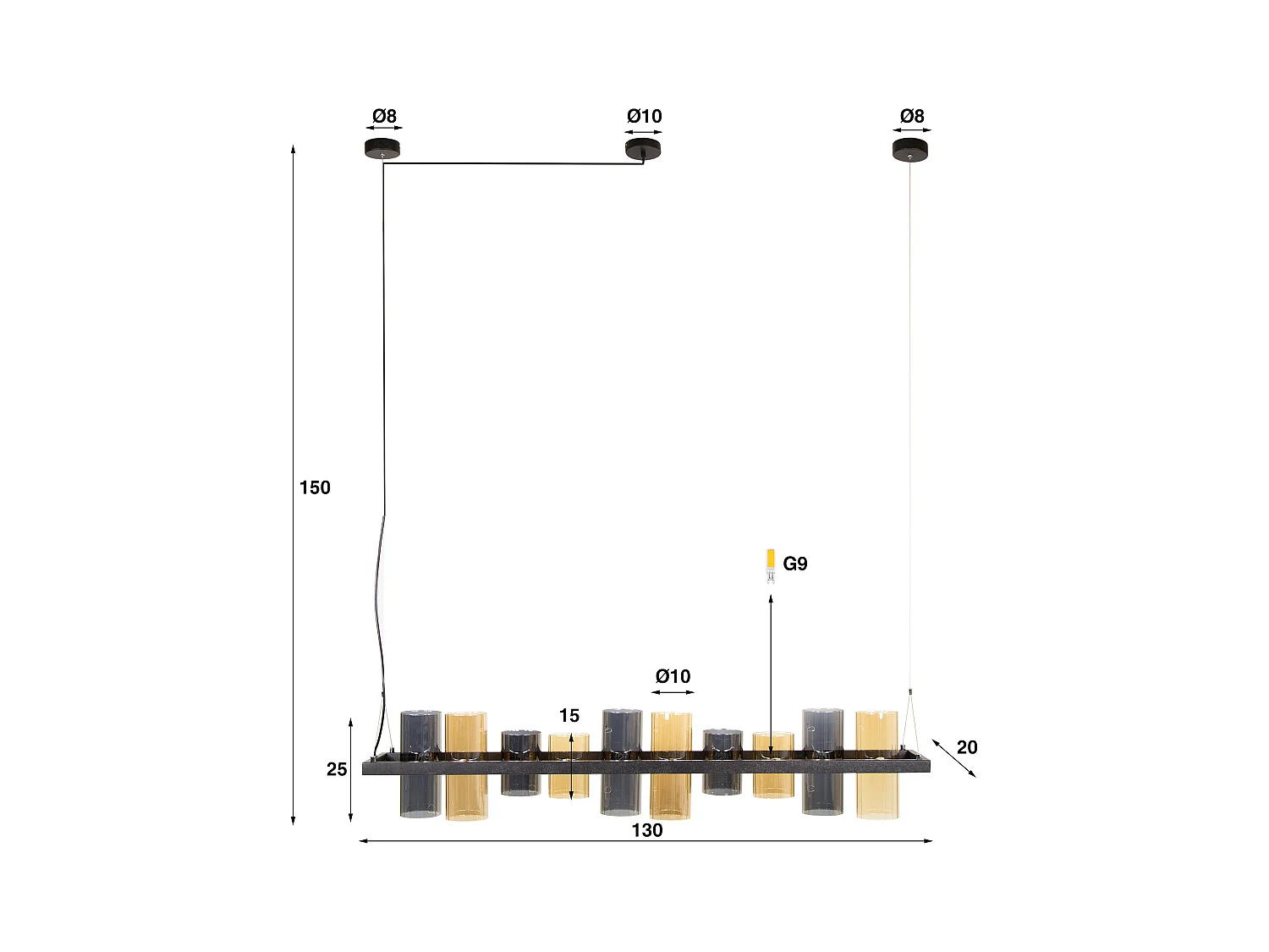 Suspension cylindrique 10 L en verre mixte (G9) - Noir arctique