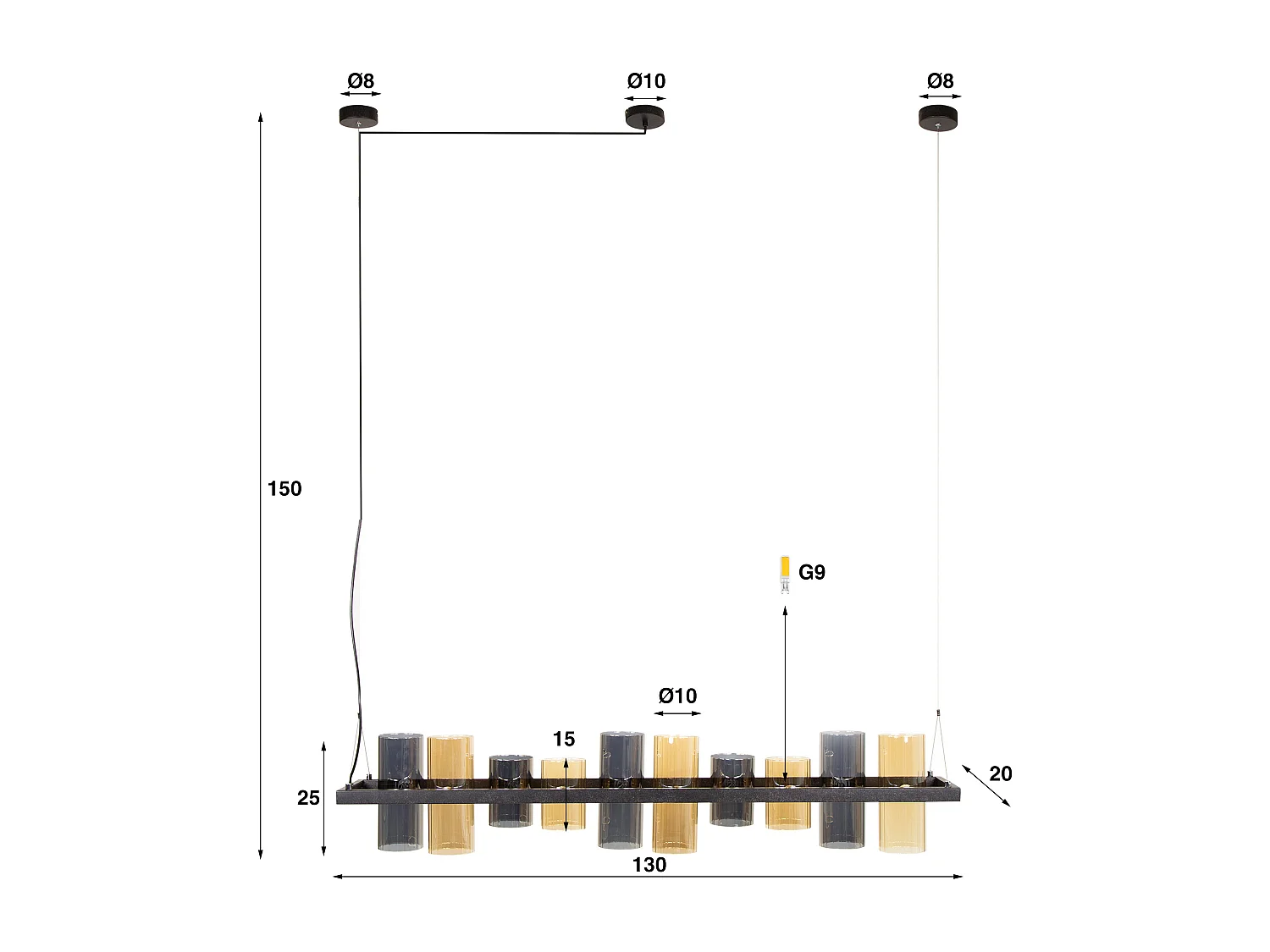 Suspension cylindrique 10 L en verre mixte (G9) - Noir arctique
