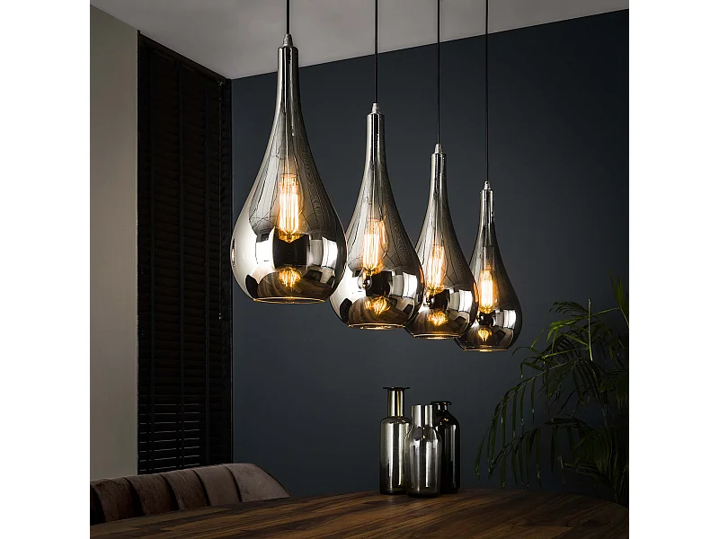 Pendelleuchte mit 4 Lampen - Silver Drop Serie - Mundgeblasenes Glas