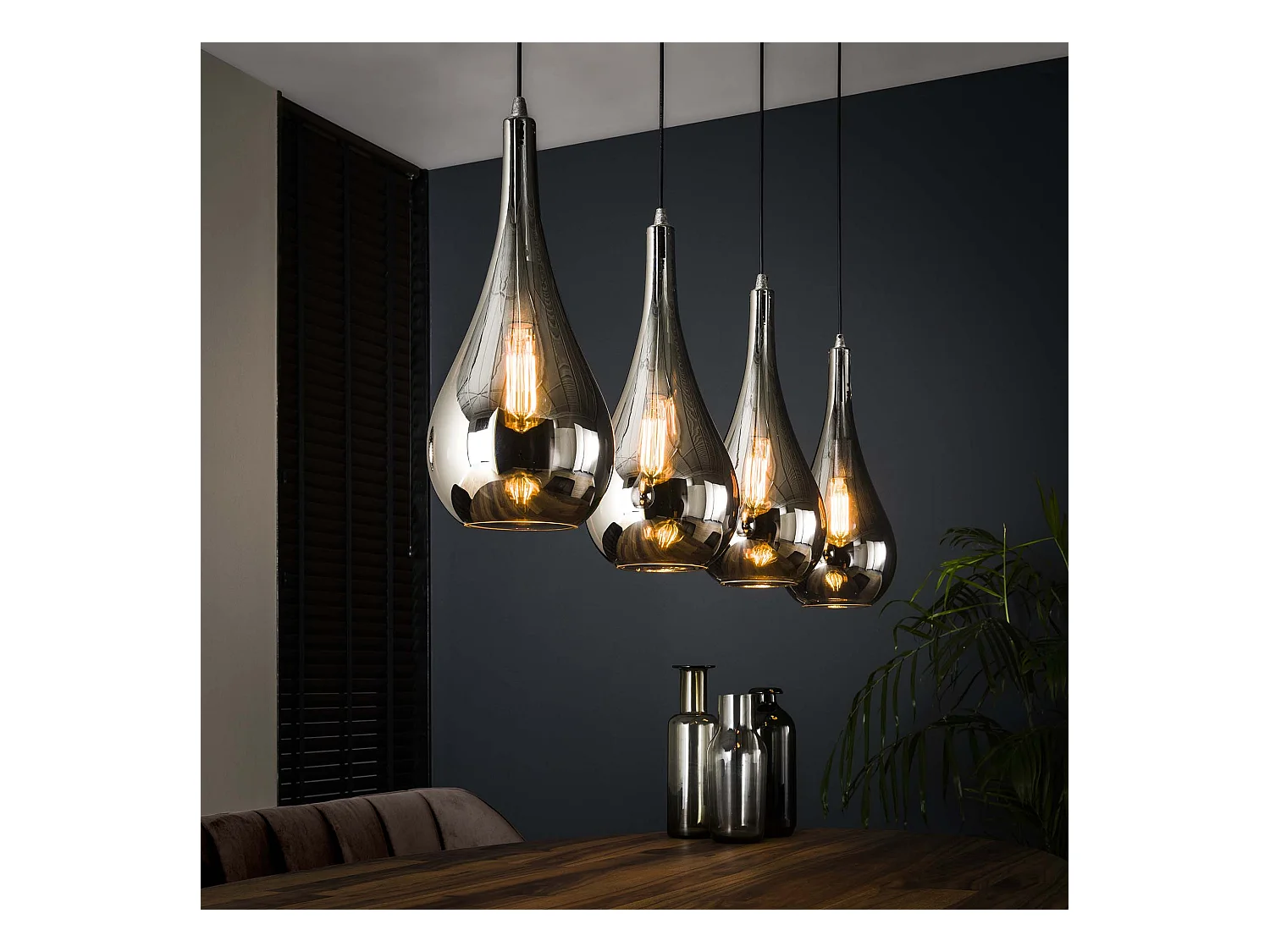 Suspension 4 lampes - Série Silver Drop - Verre soufflé à la main