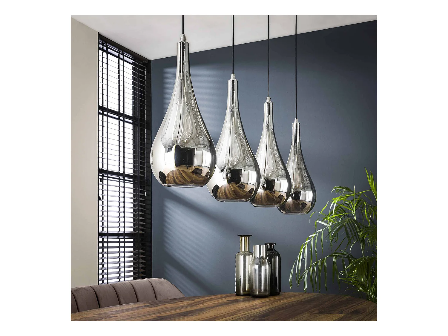 Suspension 4 lampes - Série Silver Drop - Verre soufflé à la main