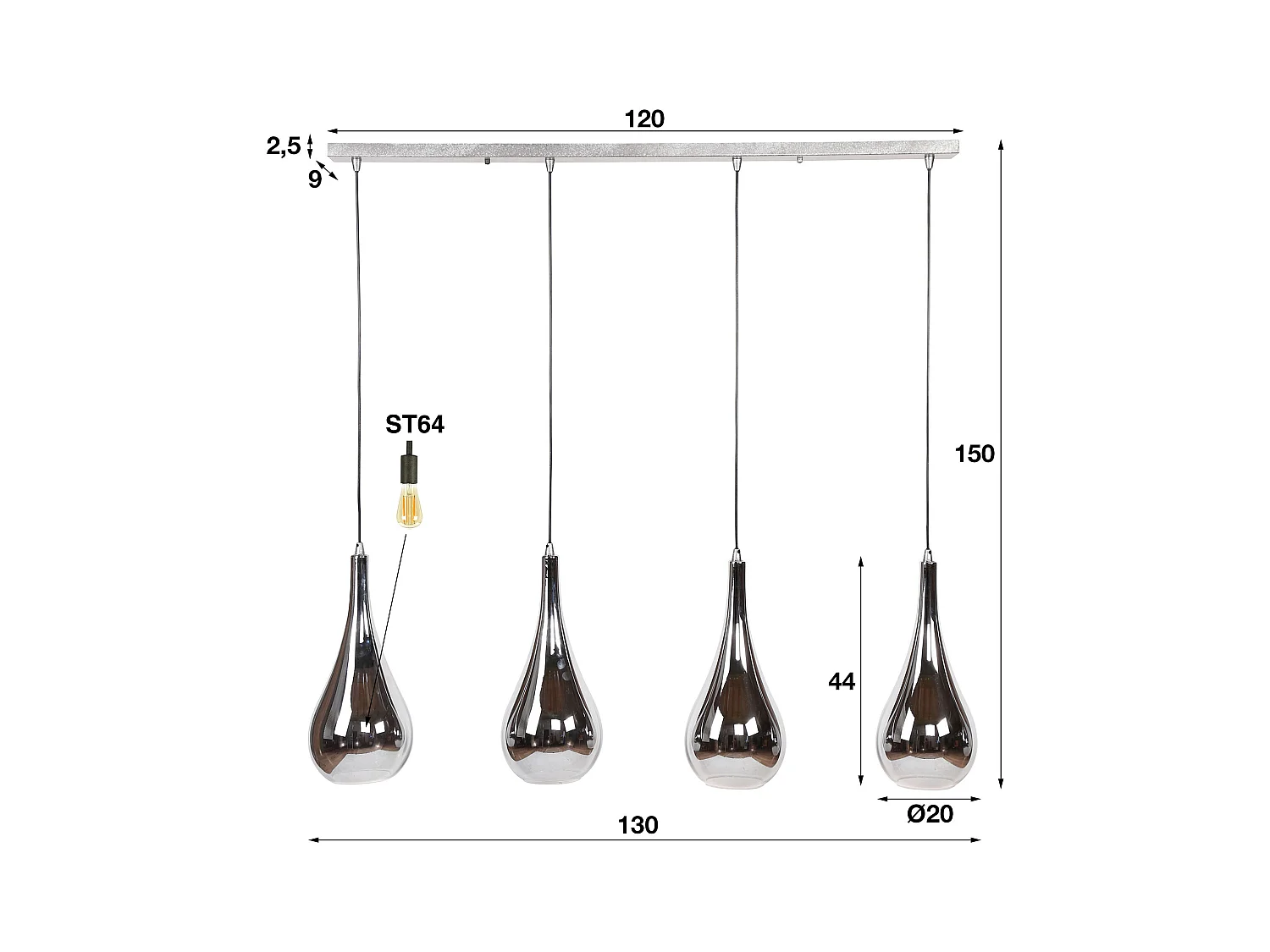 Suspension 4 lampes - Série Silver Drop - Verre soufflé à la main