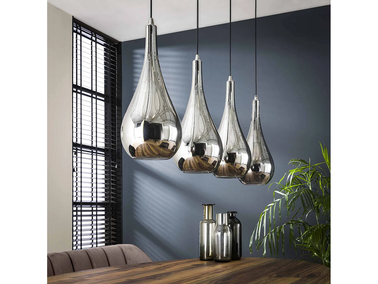 Hanglamp met 4 lampen - Serie Silver Drop - Handgeblazen glas