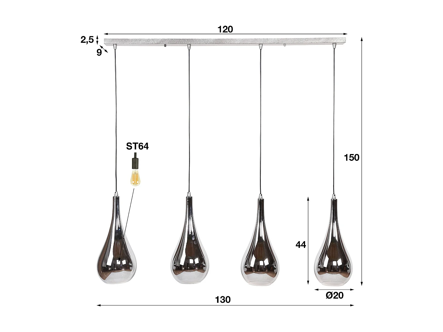 Hanglamp met 4 lampen - Serie Silver Drop - Handgeblazen glas