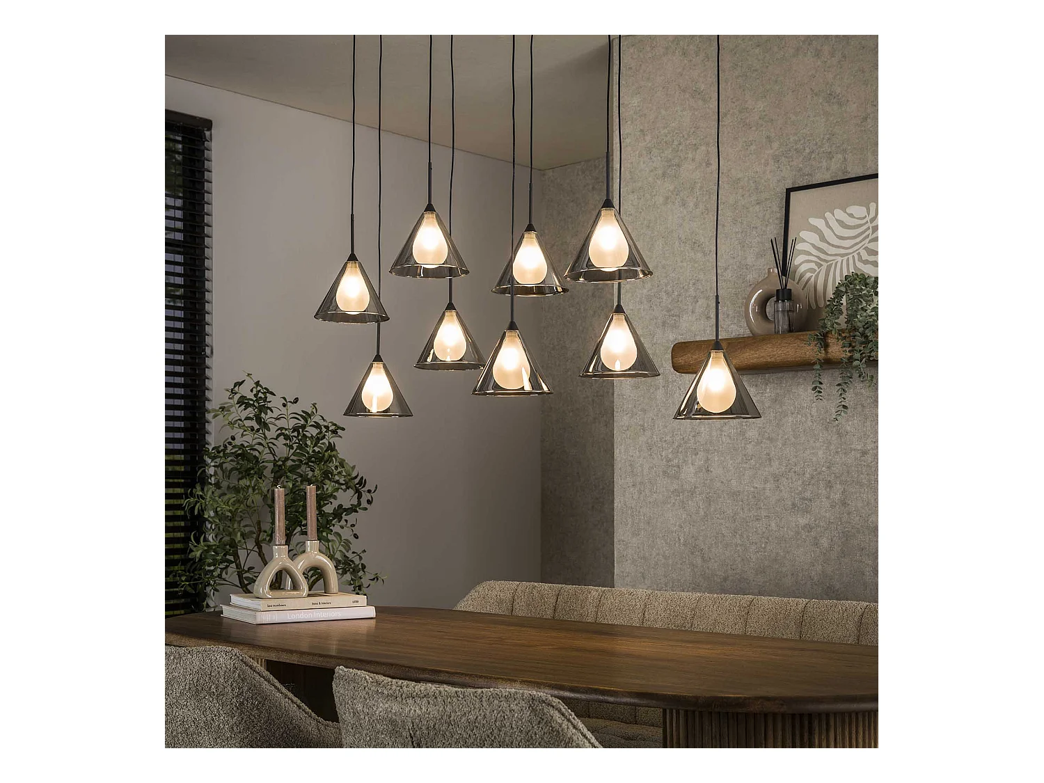 Suspension 5+4 abat-jour conique en verre - Verre gris fumé