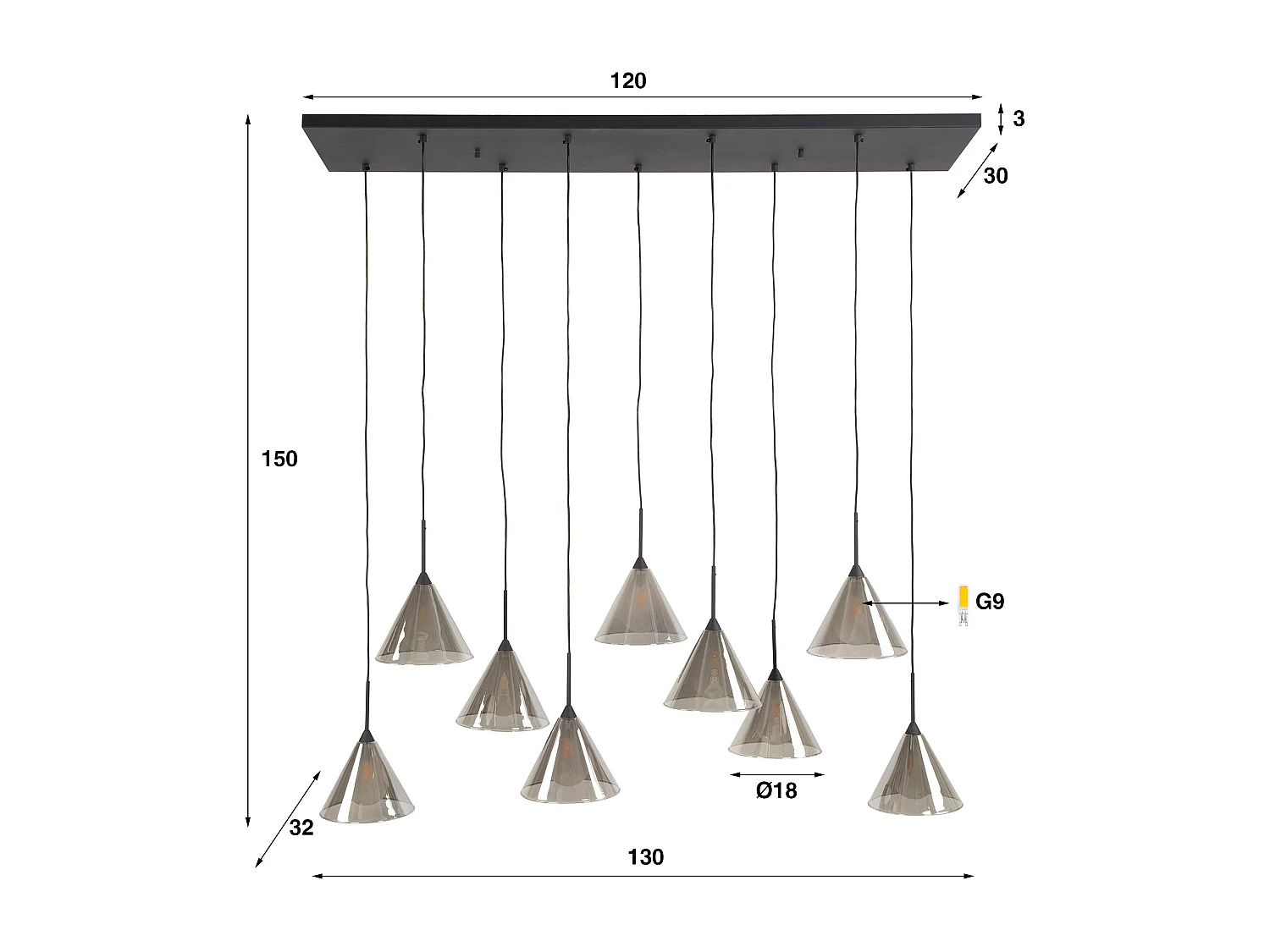 Suspension 5+4 abat-jour conique en verre - Verre gris fumé