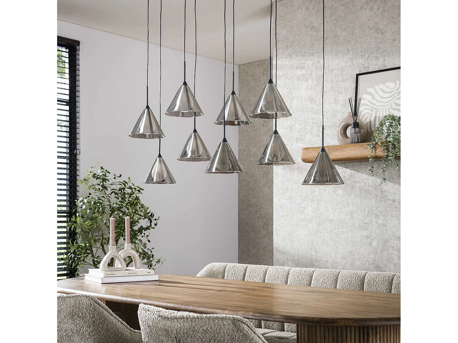Suspension 5+4 abat-jour conique en verre - Verre gris fumé