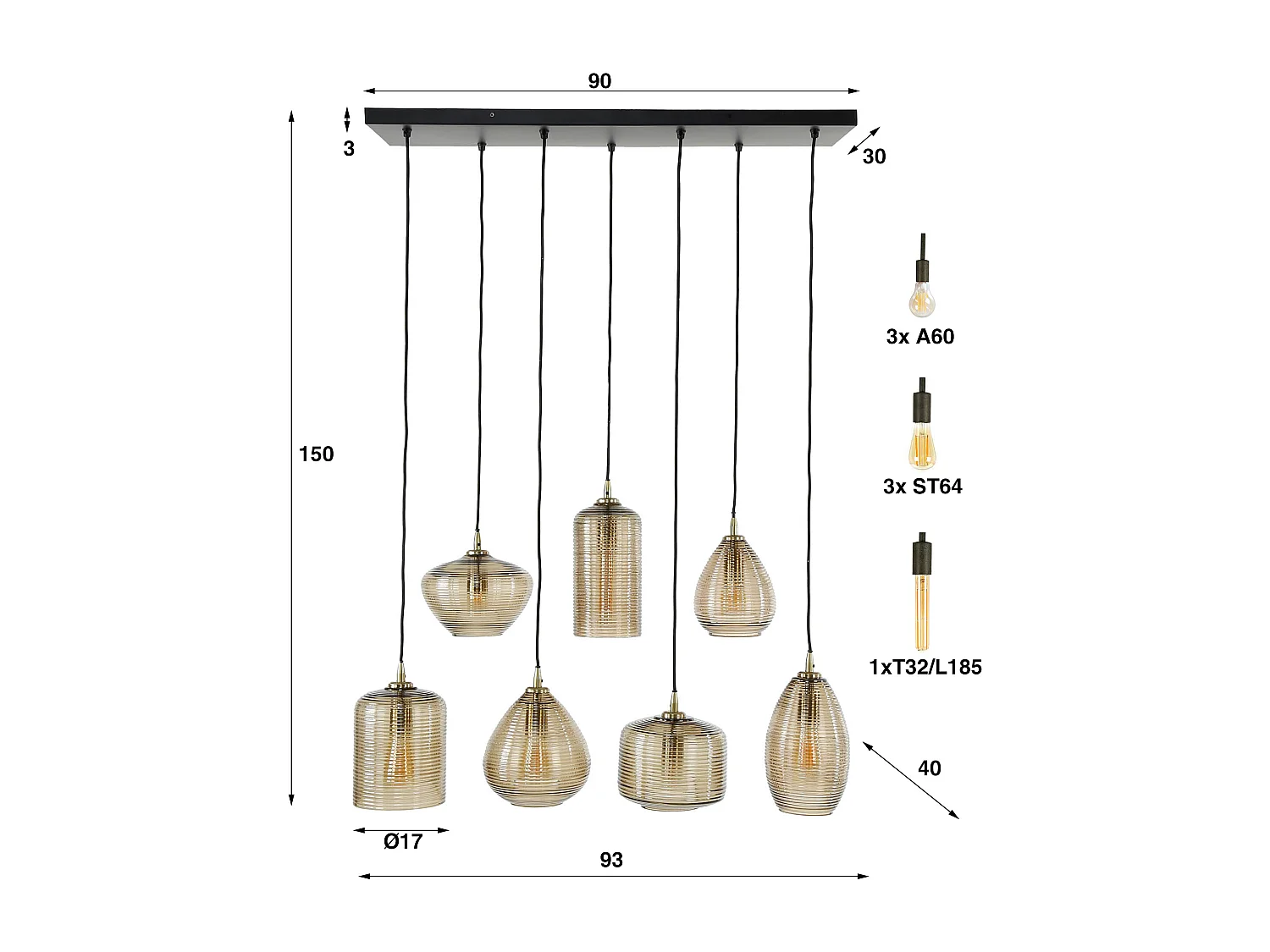 Suspension 4+3 bandes horizontales en verre ambré