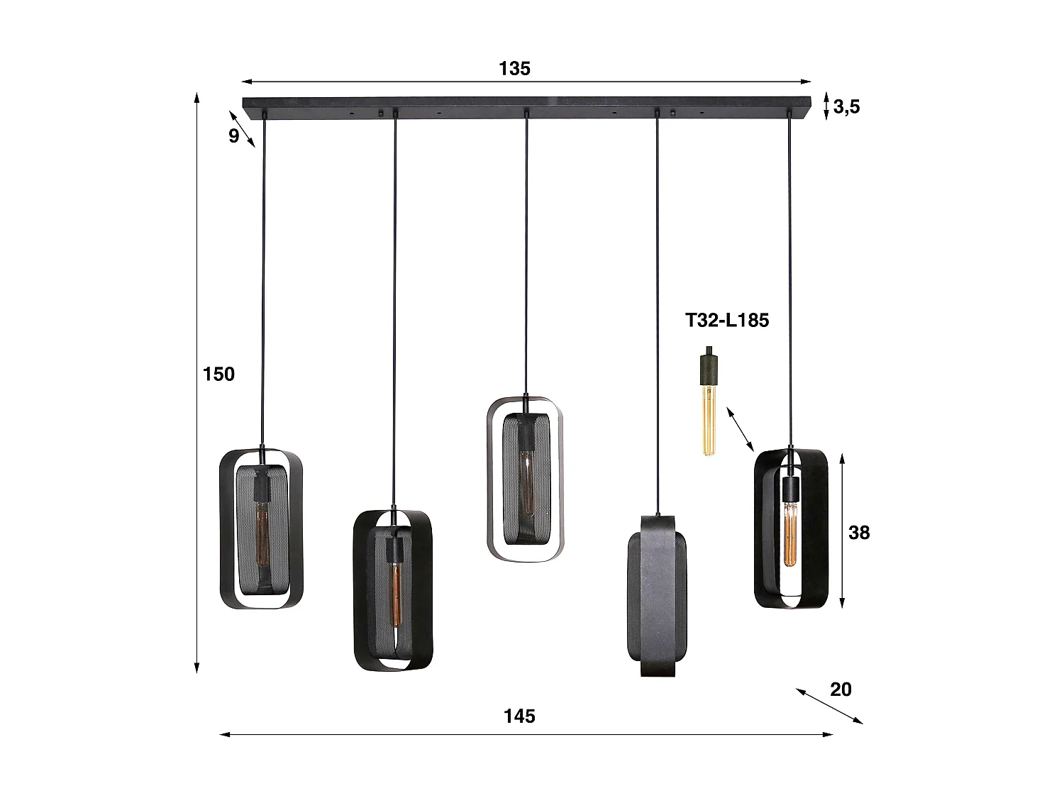 Lámpara colgante Mesh Rotate de 5L - Negro Ártico