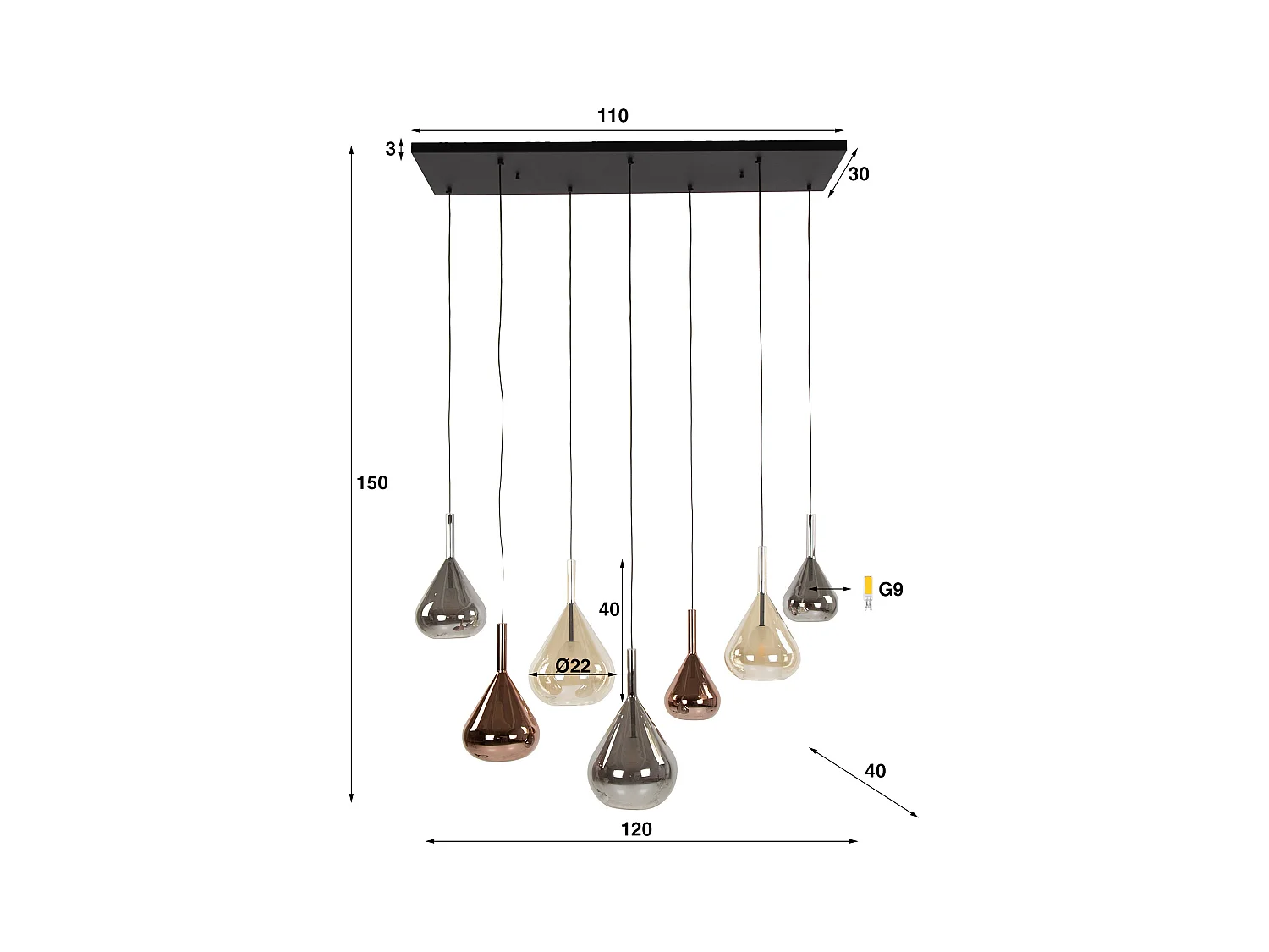 Suspension 4+3 Ailes Mix Verre - Noir