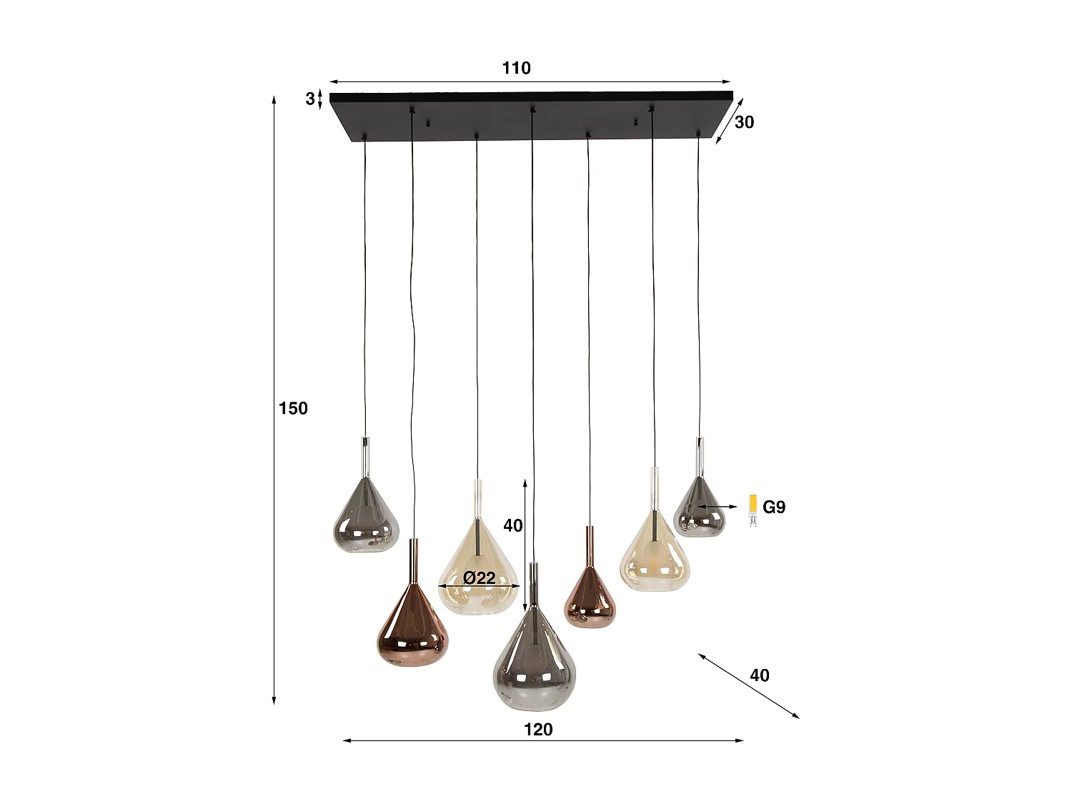 Suspension 4+3 Ailes Mix Verre - Noir