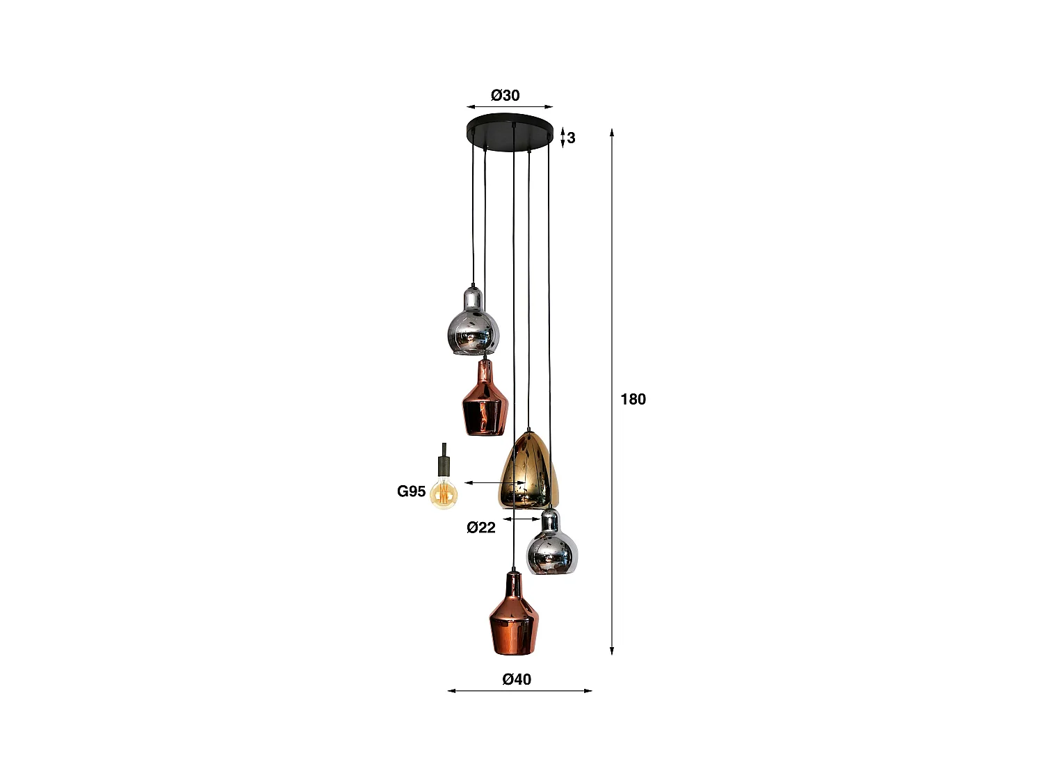 Pendelleuchte 5L Mix - Glas Tricolore - Gestuft - Arktisch schwarz