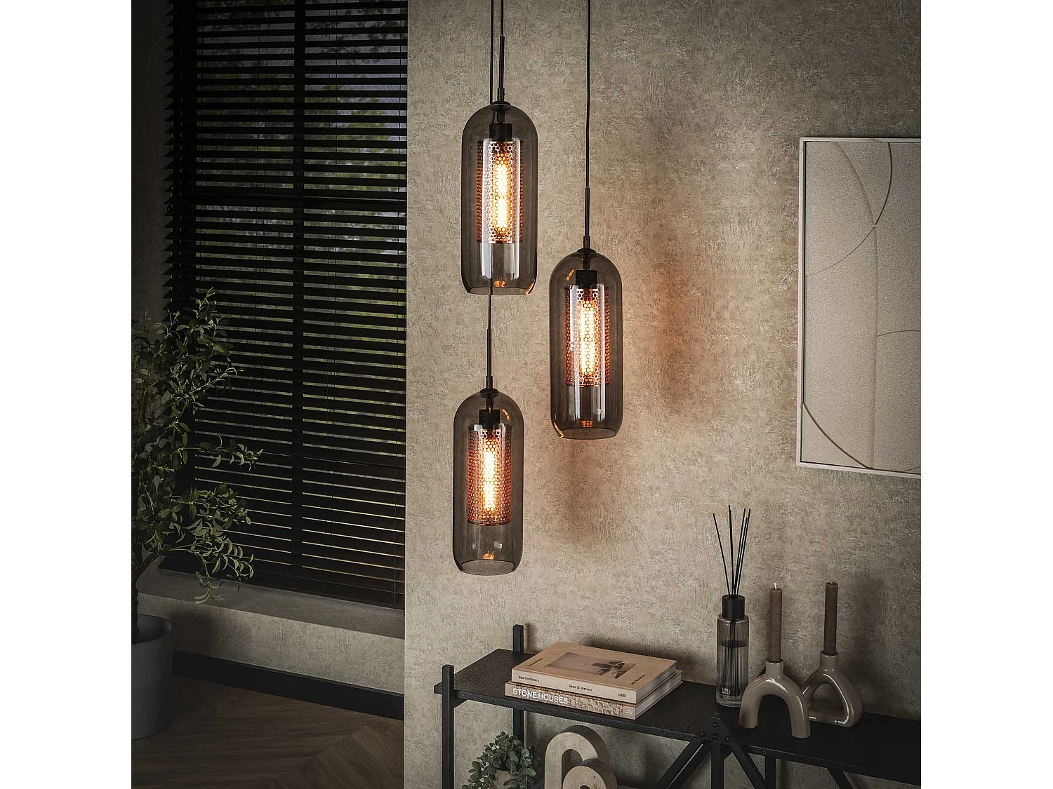 Hanglamp 3L Smoke - Getrapt - Glas-geperforeerd staal - Artic zwart