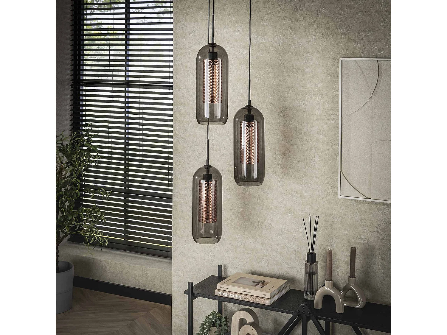 Hanglamp 3L Smoke - Getrapt - Glas-geperforeerd staal - Artic zwart