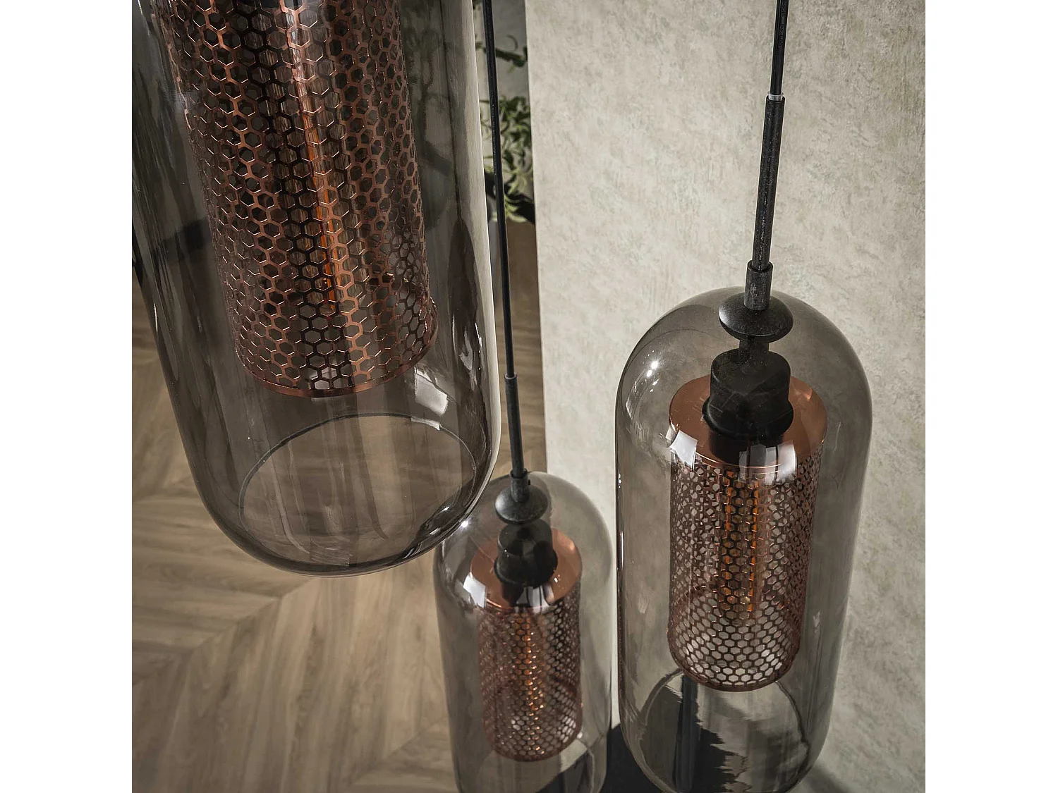 Hanglamp 3L Smoke - Getrapt - Glas-geperforeerd staal - Artic zwart