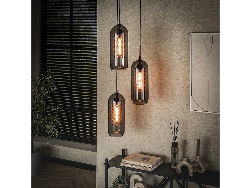 Hanglamp 3L Smoke - Getrapt - Glas-geperforeerd staal - Artic zwart