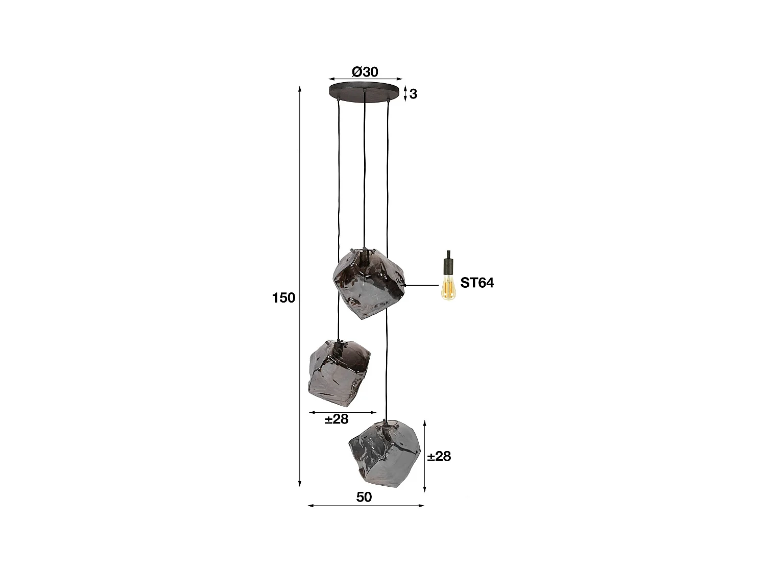 Suspension Rock Chromée - 3 Lampes - Industrielle - 50x50x150
