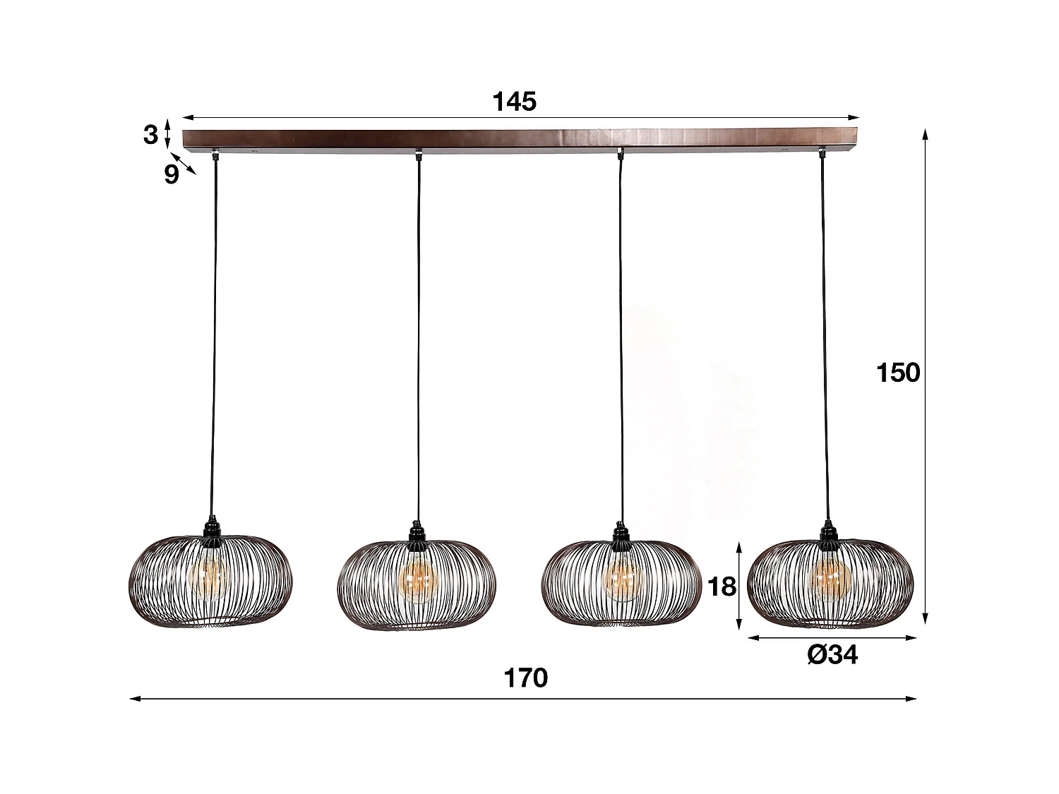 Hängelampe mit 4 Lampen - Kupferfarben - 150cm höhenverstellbar - Scheibenform Ø35 - Industrielle Hängelampe für Wohnzimmer oder Esszimmer