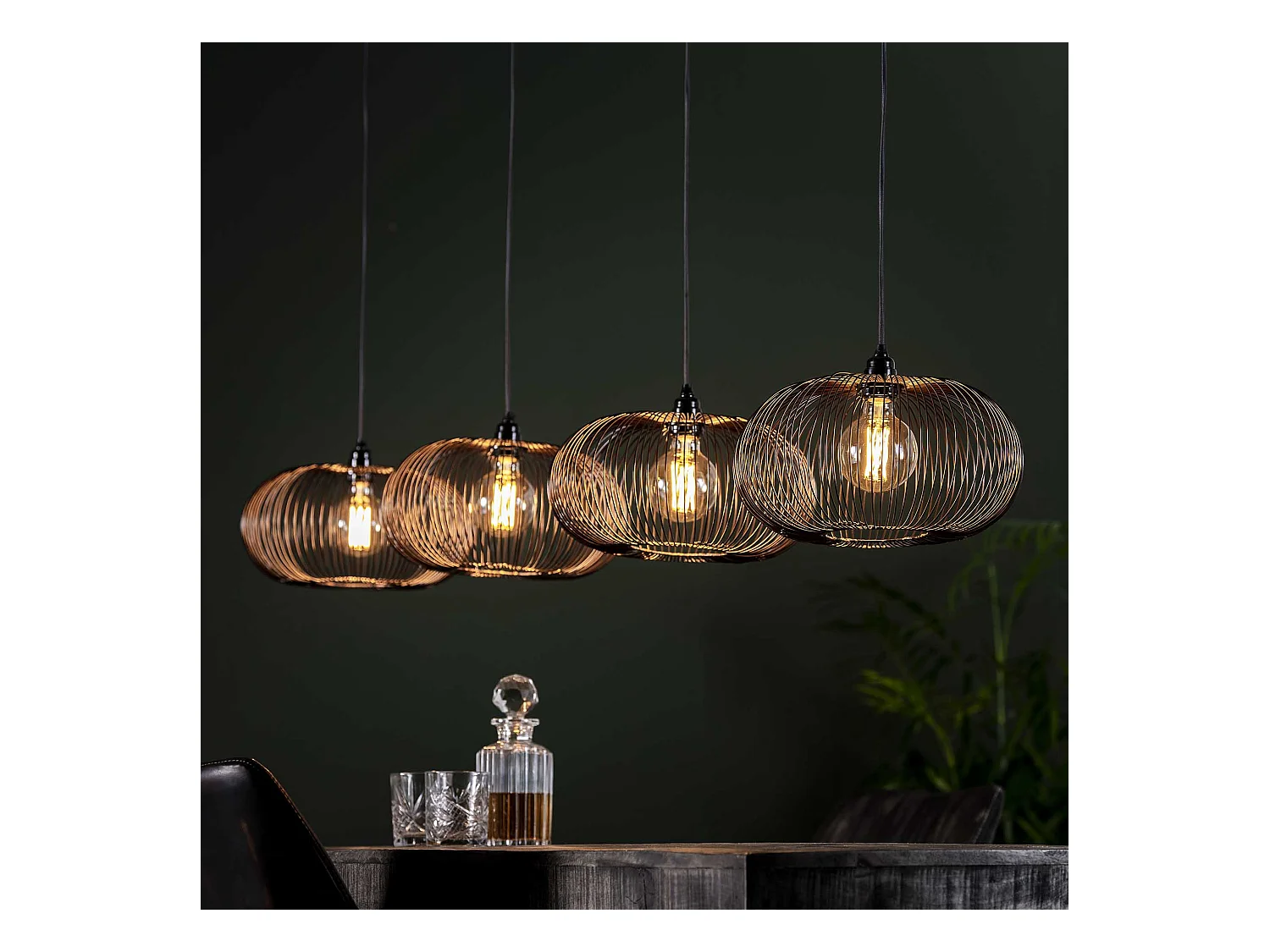 Suspension 4 lampes - Couleur cuivre - 150cm réglable en hauteur - Forme disque Ø35 - Suspension industrielle pour salon ou salle à manger