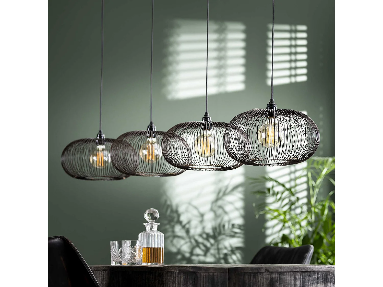 Suspension 4 lampes - Couleur cuivre - 150cm réglable en hauteur - Forme disque Ø35 - Suspension industrielle pour salon ou salle à manger