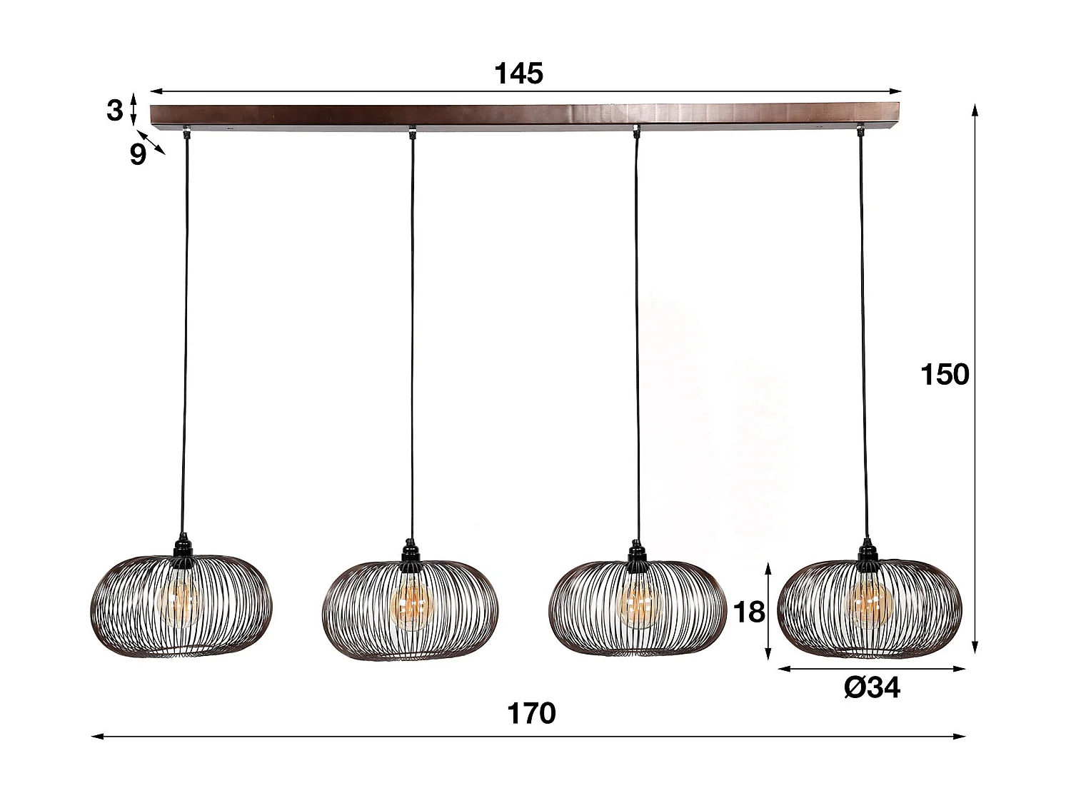 Suspension 4 lampes - Couleur cuivre - 150cm réglable en hauteur - Forme disque Ø35 - Suspension industrielle pour salon ou salle à manger