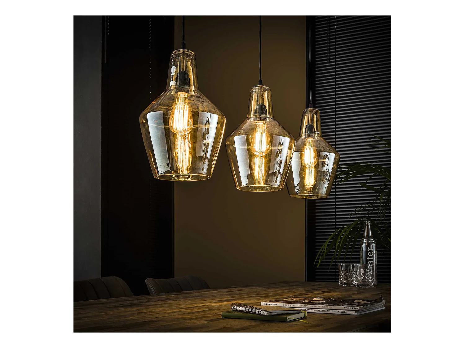 Suspension 3 lampes coniques - Verre ambré - 150 cm